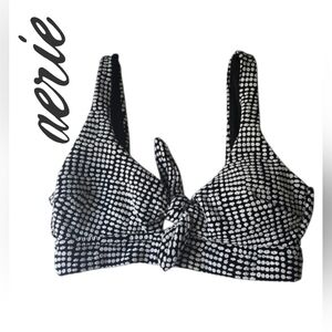 Aerie Jacquard Tie Banded Wide Strap Scoop Bikini Top Polka Dot Black White S